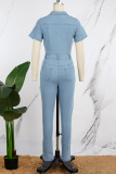 Light Blue Casual Solid Patchwork Turndown Collar Short Sleeve Skinny Denim Jumpsuits