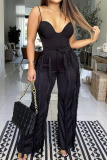 Black Sexy Street Solid Tassel Patchwork Spaghetti Strap Sleeveless Two Pieces