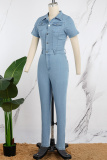 Deep Blue Casual Solid Patchwork Turndown Collar Short Sleeve Skinny Denim Jumpsuits