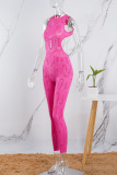 Rose Red Sexy Casual Solid Ripped O Neck Skinny Jumpsuits