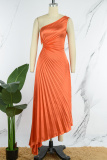 Tangerine Red Elegant Solid Hollowed Out Fold Reflective Oblique Collar Irregular Dress Dresses
