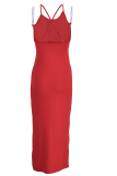 Red Sexy Solid High Opening Spaghetti Strap Pencil Skirt Dresses