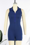 Blue Casual Solid Patchwork Zipper Collar Skinny Rompers