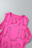Rose Red Sexy Casual Solid Ripped O Neck Skinny Jumpsuits