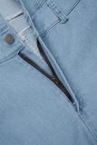 Deep Blue Casual Solid Patchwork Turndown Collar Short Sleeve Skinny Denim Jumpsuits