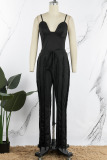 Black Sexy Street Solid Tassel Patchwork Spaghetti Strap Sleeveless Two Pieces