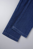Deep Blue Casual Solid Patchwork Turndown Collar Short Sleeve Skinny Denim Jumpsuits