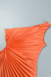 Tangerine Red Elegant Solid Hollowed Out Fold Reflective Oblique Collar Irregular Dress Dresses