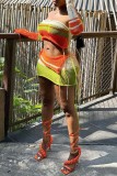 Orange Sexy Patchwork Backless Contrast Strapless Long Sleeve Four Piece Set