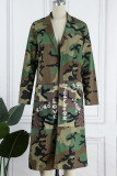 Green Casual Street Print Camouflage Print Patchwork Turn-back Collar Outerwear