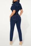 Navy Blue Casual Solid Patchwork Turndown Collar Short Sleeve Skinny Denim Jumpsuits