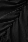 Black Casual Solid Fold Off the Shoulder Short Sleeve Dress
