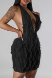 Black Sexy Solid Patchwork See-through Backless Halter Sleeveless Dress Dresses
