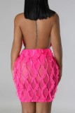 Rose Red Sexy Solid Patchwork See-through Backless Halter Sleeveless Dress Dresses