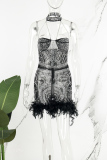 Black Sexy Hot Drilling Patchwork See-through Feathers Beading Mesh Halter Skinny Rompers