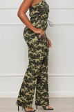 Army Green Street Camouflage Print Patchwork Draw String Pocket Zipper Strapless Regular Jumpsuits