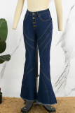Dark Blue Casual Solid Patchwork Buttons High Waist Skinny Denim Jeans