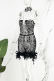 Black Sexy Hot Drilling Patchwork See-through Feathers Beading Mesh Halter Skinny Rompers