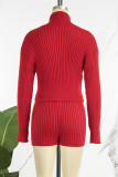 Red Elegant Solid Patchwork Draw String Buckle O Neck Long Sleeve Two Pieces