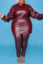 Brown Red Casual Solid Basic O Neck Plus Size Two Pieces