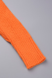 Orange Elegant Solid Patchwork Draw String Buckle O Neck Long Sleeve Two Pieces