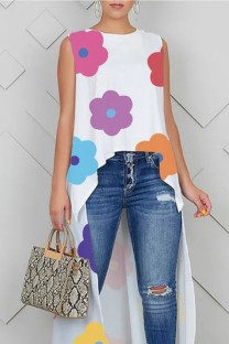 White Pink Casual Print Basic O Neck Tops