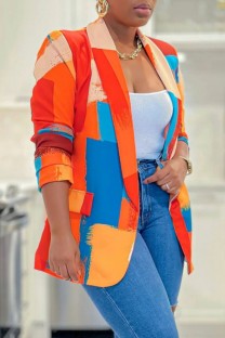 Orange Casual Print Cardigan Turn-back Collar Outerwear