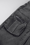 Black Street Solid Patchwork Pocket Buttons High Opening Zipper Mid Waist Straight Denim Skirts