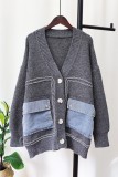 Grey Casual Patchwork Buttons Cardigan V Neck Outerwear