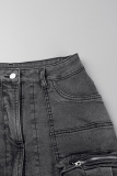 Sky Blue Street Solid Patchwork Pocket Buttons High Opening Zipper Mid Waist Straight Denim Skirts