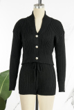 Black Elegant Solid Patchwork Draw String Buckle O Neck Long Sleeve Two Pieces