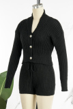 Black Elegant Solid Patchwork Draw String Buckle O Neck Long Sleeve Two Pieces