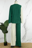 Green Casual Patchwork Buckle Fold Contrast Turndown Collar Long Sleeve Two Pieces