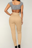Khaki Casual Solid Patchwork Buttons With Belt Regular High Waist Pencil Solid Color Bottoms