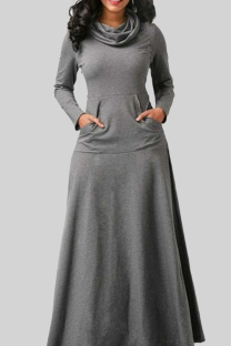 Grey Casual Solid Patchwork Pocket O Neck A Line Dresses