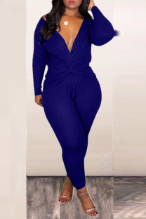 Deep Blue Sexy Solid Draw String V Neck Long Sleeve Two Pieces