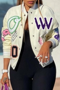 White Casual Letter Patchwork Cardigan Outerwear