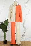 Tangerine Red Casual Patchwork Buckle Fold Contrast Turndown Collar Long Sleeve Two Pieces