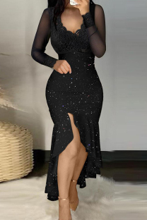 Black Elegant Solid Lace Patchwork High Opening Flounce V Neck Wrapped Skirt Dresses
