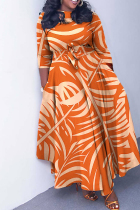 Orange Casual Print Basic O Neck Long Dress Plus Size Dresses