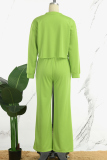 Green Casual Solid Patchwork Draw String Pocket O Neck Long Sleeve Two Pieces