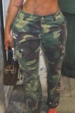 Army Green Street Camouflage Print Letter High Waist Straight Bottoms