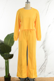 Yellow Casual Solid Patchwork Draw String Pocket O Neck Long Sleeve Two Pieces