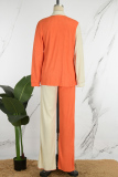 Tangerine Red Casual Patchwork Buckle Fold Contrast Turndown Collar Long Sleeve Two Pieces