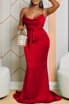 Red Sexy Casual Solid Frenulum Backless Spaghetti Strap Long Dress Dresses