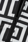 Black White Casual Print Patchwork Zipper Collar Skinny Jumpsuits
