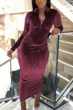 Wine Red Fashion Street Adult Pleuche Solid Patchwork O Neck Long Sleeve Mid Calf Long Sleeve Dress Dresses