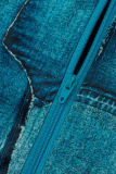 Blue Casual Print Patchwork Zipper Collar Skinny Jumpsuits