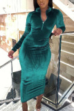 Green Fashion Street Adult Pleuche Solid Patchwork O Neck Long Sleeve Mid Calf Long Sleeve Dress Dresses