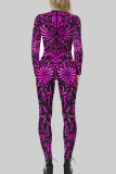 Rose Red Sexy Print Patchwork Zipper O Neck Skinny Jumpsuits